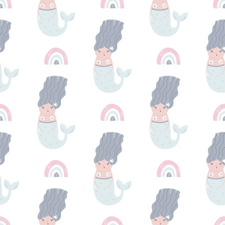 Seamless pattern with cute mermaids. Wallpaper design in soft colorsのイラスト素材