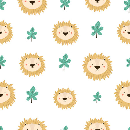 Seamless pattern with cute lion faces, heads and green leavesのイラスト素材