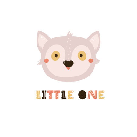 Childish print, vector illustration with a portrait of funny lemur and short phrase LITTLE ONE. Colorful artwork for decorations, cards, kids designsのイラスト素材