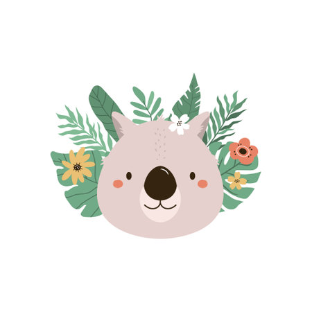 Childish print, vector illustration with a portrait of a funny wombat in tropical leavesのイラスト素材