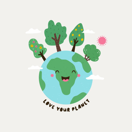 Vector illustration of a happy smiling globe, cute planet Earth. Love your planet concept, graphic imageのイラスト素材