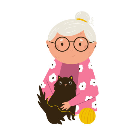 Vector illustration of retired, senior woman with knitting embracing black cat. Portrait of grandmother with domestic animalのイラスト素材