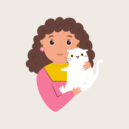 Vector illustration of young girl embracing funny cat. Portrait of people with domestic animalのイラスト素材