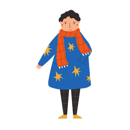 Vector illustration of a young boy in a big warm jacket. Flat graphic image isolated on white backgroundのイラスト素材