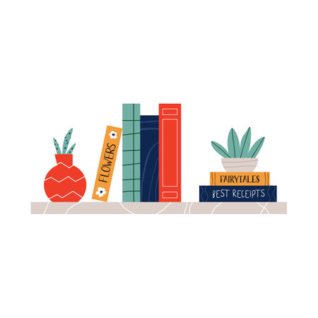 Vector illustration of colorful pile, stack of books and vase on a bookshelf. Read more books concept.のイラスト素材
