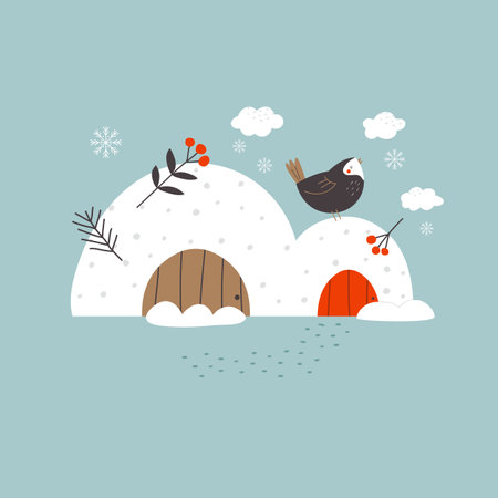 Holiday composition, greeting card with an igloo, botanical elements and cute bird