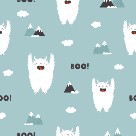 Cartoon seamless pattern with funny yeti characters.のイラスト素材