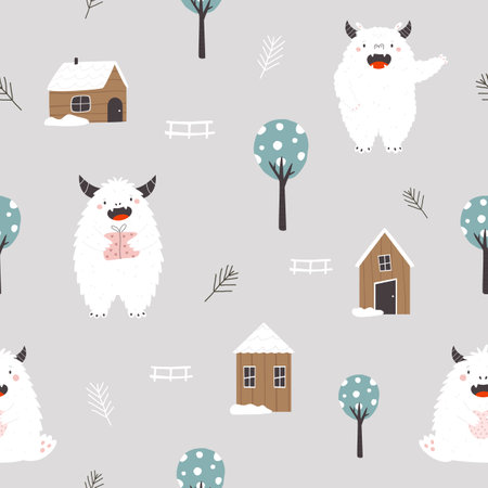 Cartoon seamless pattern with funny yeti characters. Childish design for kids cloth, holiday decoration, gift boxes, wrapping paper.のイラスト素材