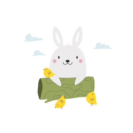 Vector illustration of a cute rabbit sitting behind the log.のイラスト素材