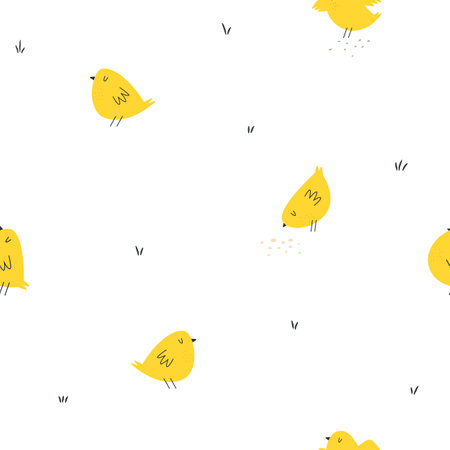 Cute seamless pattern with funny yellow chicken birds. Holiday Easter paper, gift wrapping, designのイラスト素材