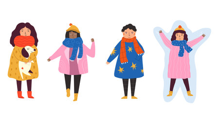 Group of young people in colorful winter clothing.のイラスト素材
