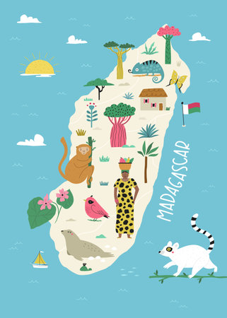 Vector stylized illustrated map of Madagascar island with famous landmarks, places and symbolsのイラスト素材