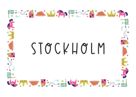 Colorful image, frame art, ribbon with animals, landmarks, symbols of Stockholm city, Swedenのイラスト素材