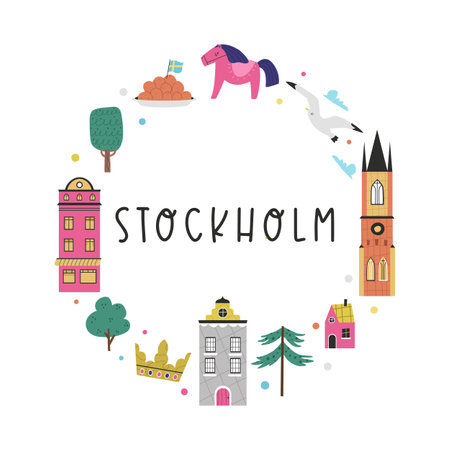 Colorful image, frame art, circle design with animals, landmarks, symbols of Stockholm city, Swedenのイラスト素材