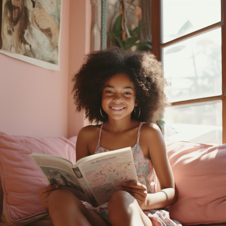 Photo of a dark skin smiling girl sitting at the sofa, reading book and having joy. Indoor scene with a reading kidの素材
