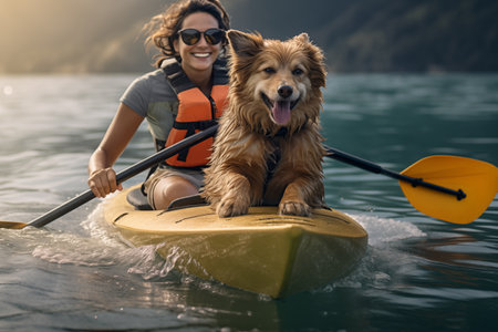 Young woman swimming with her dogの素材
