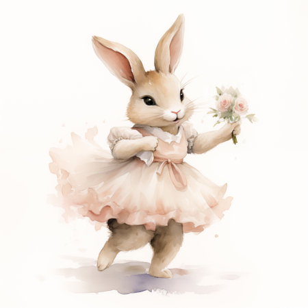 Watercolor illustration of dancing female rabbit, bunny. Pastel colored wall art, frame art, nursery printの素材