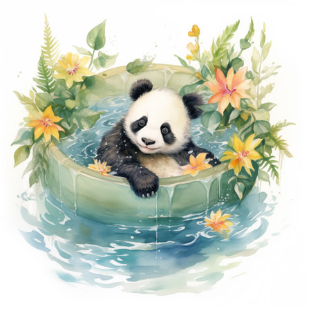 Watercolor illustration of a cute panda sitting in a tropical swimming pool.の素材