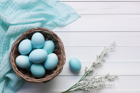 Easter background with Easter eggs in a basket on wooden surface. Top view with copy spaceの素材