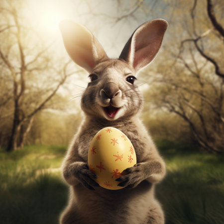 Portrait of a funny kangaroo holding Easter egg. Easter card, frame design, posterの素材