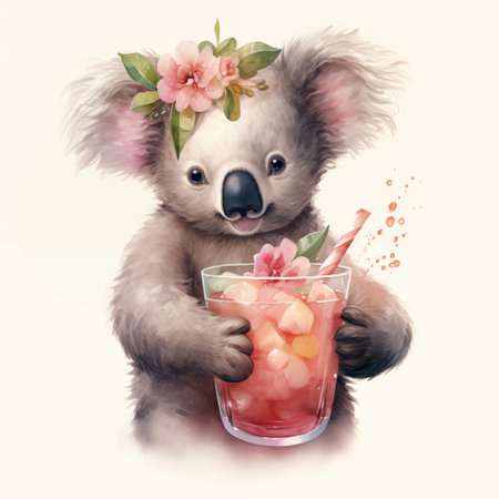 Cute koala with floral wreath holding cocktail. Watercolor illustration with adorable characterの素材