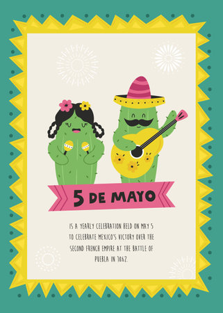 Holiday design for Cinco de Mayo with funny cactus in sombrero playing guitar. Party invitation templateのイラスト素材