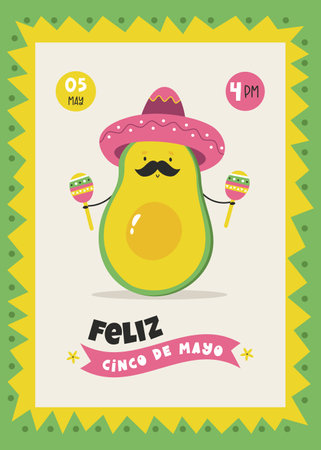 Holiday design for Cinco de Mayo with funny avocado dancing with maracasのイラスト素材