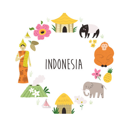 Colorful circle design with symbols, animals landmarks of Indonesiaのイラスト素材