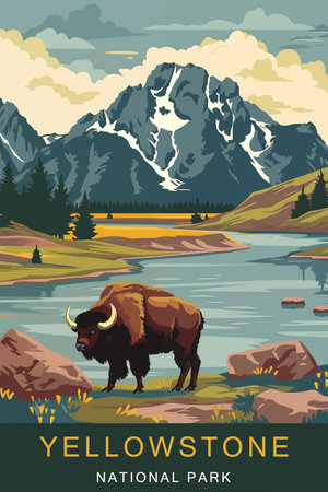 Vintage poster of Yellowstone national park with bison animal and beautiful sceneryの素材