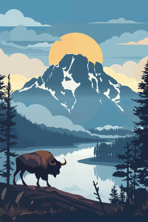 Vintage poster of Yellowstone national park with bison animal and beautiful sceneryの素材
