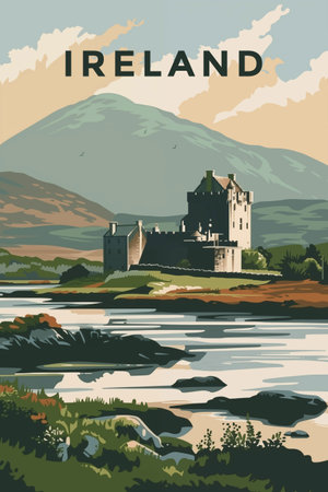 Travel vintage poster with spectacular view at old castle, Ireland.の素材