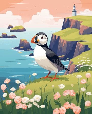 Travel poster with puffin bird and spectacular view at cliffs of Moher, Ireland.の素材
