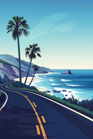 Vintage poster with palm trees and a road running trees to the beach. Travel vibes, summer mood, road trip.の素材