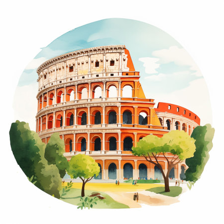 Naive drawing, gouache colorful painting of Colosseum, Rome.の素材