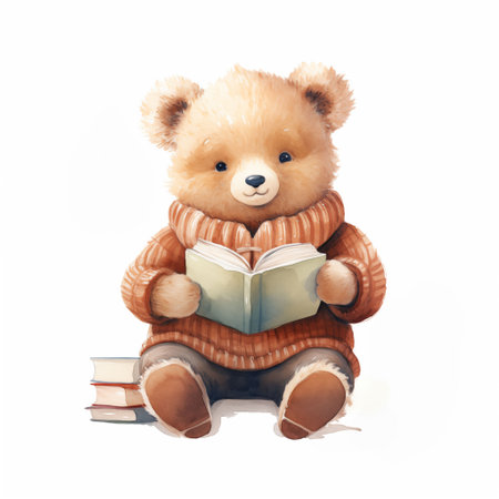 Watercolor bear in a sweater reading book. Frame art, wall art for nursery or clothing printの素材