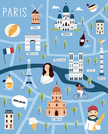 Colorful illustrated cartoon map of Paris, France with famous places, landmarks, symbolsのイラスト素材