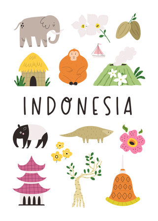 Colorful design with symbols, animals landmarks of Indonesiaのイラスト素材