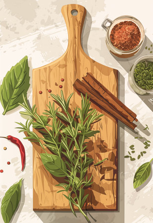 Illustration with top view of set of herbs and spices on wooden cutting board. Frame art design, wall decoration for kitchen, cafe, dining roomの素材