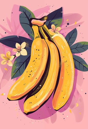 Poster with ripe bananas and small flower accents. Frame art design, wall decoration for kitchen, cafe, dining roomの素材