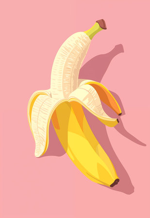 Poster with ripe banana on vibrant modern background. Frame art design, wall decoration for kitchen, cafe, dining roomの素材