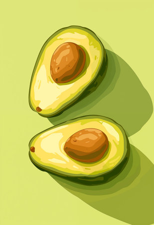 Poster with two halves of avocado on a pale green background. Frame art design, wall decoration for kitchen, cafe, dining roomの素材
