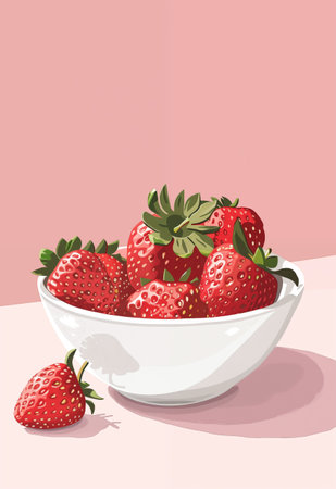 Poster with juicy strawberry in a bowl and pale pink background. Frame art design, wall decoration for kitchen, cafe, dining roomの素材