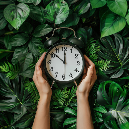Woman hands holding alarm clock among green leaves scenery. Daylight Saving Time conceptの素材