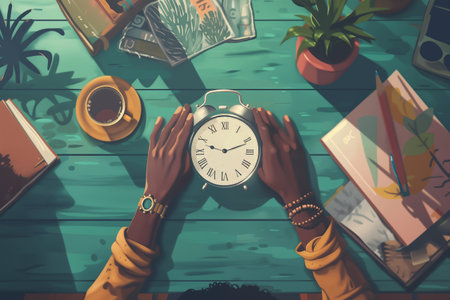 Illustration with woman hands holding alarm clock. Daylight Saving Time concept.の素材