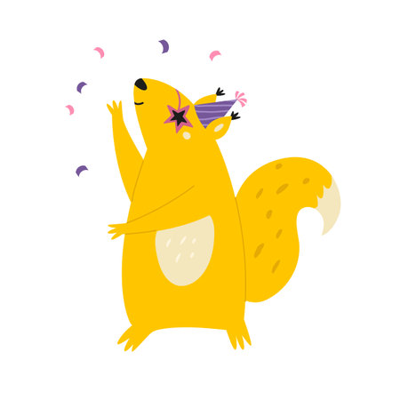 Vector illustration of a squirrel dancing in disco glasses and birthday hatのイラスト素材