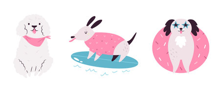 Set of hand drawn vector dogs doing summer activities and swimmingのイラスト素材