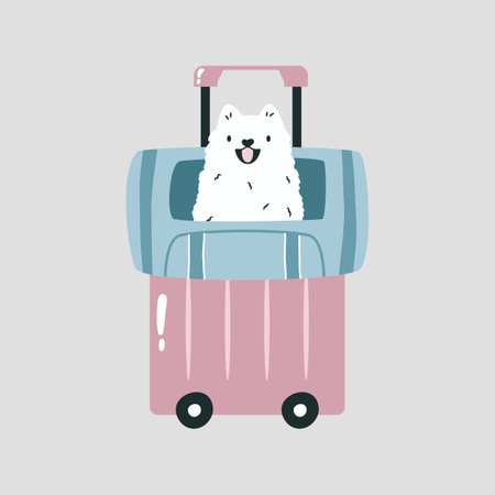 Vector illustration of a dog sitting in a bag. Vacation, journey vibeのイラスト素材