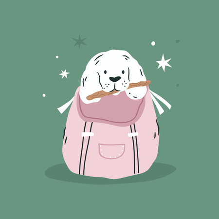 Vector illustration of a spaniel dog sitting in a backpack. Vacation, journey vibeのイラスト素材