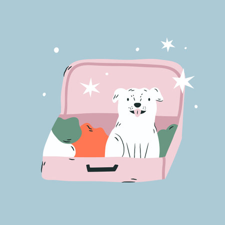 Vector illustration of a dog sitting in a suitcase. Vacation, journey vibeのイラスト素材
