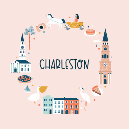 Charleston hand drawn poster, decoration with famous symbols and landmarks of city.のイラスト素材